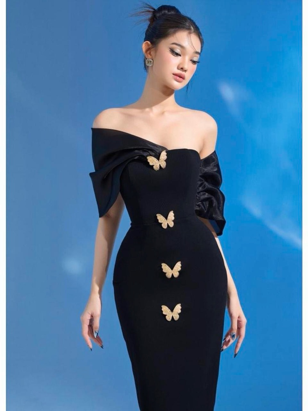 Vietnamese RITARA Off-Shoulder Black Midi Dress with Gold Butterfly Accents